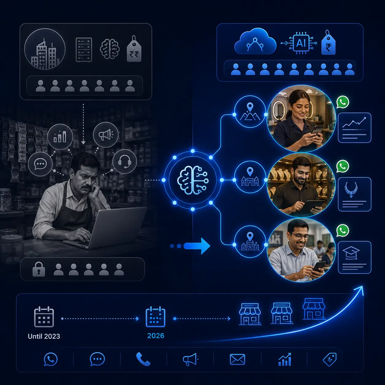 A local kirana shop owner using AI-powered communication on a smartphone behind the counter.