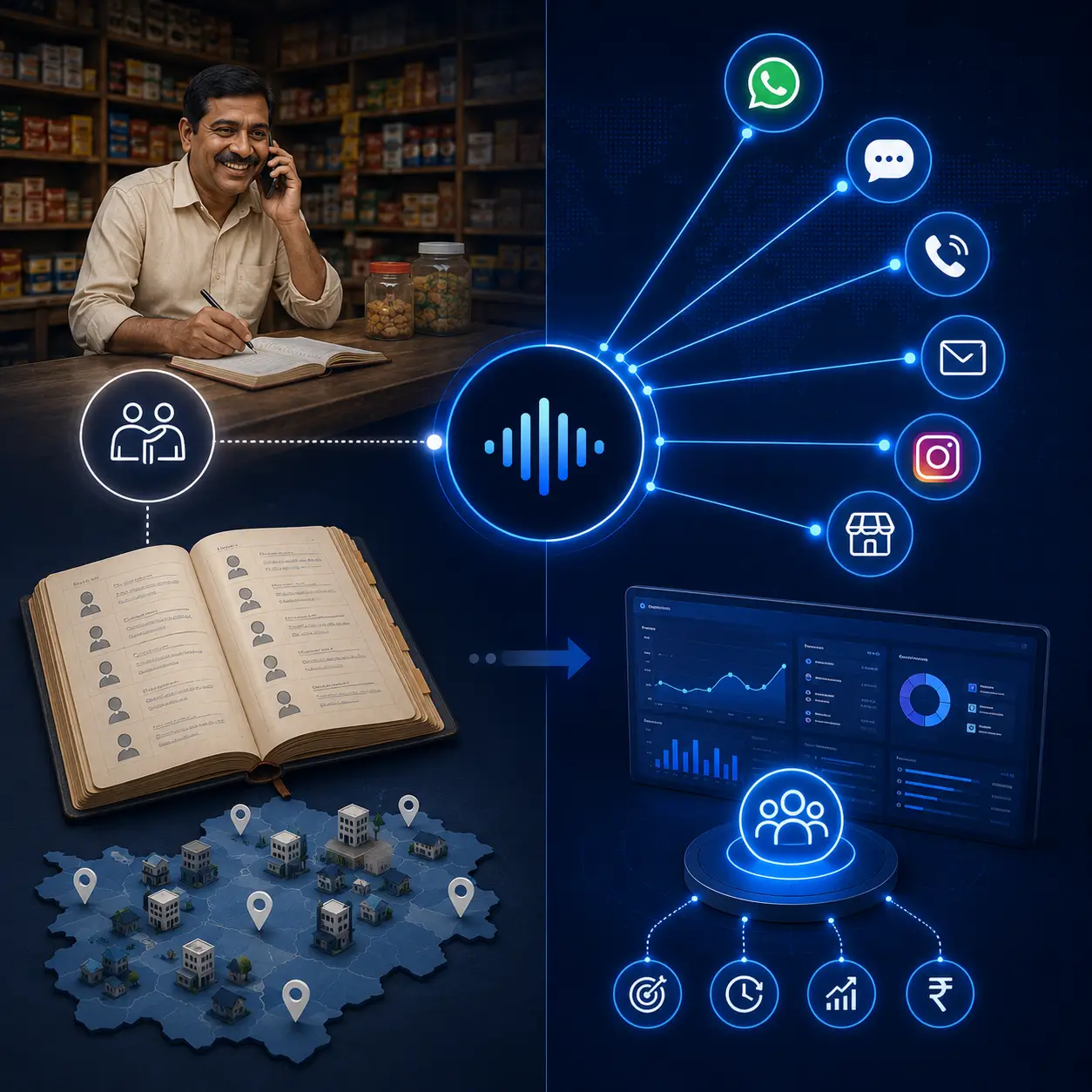 Local business owner with customer ledger connected to Riv.ai's multi-channel platform